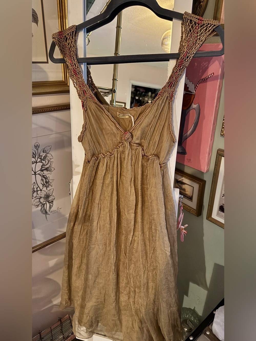 100% silk vintage max stuidos Braided-Strap Midi Dress in Light Beige